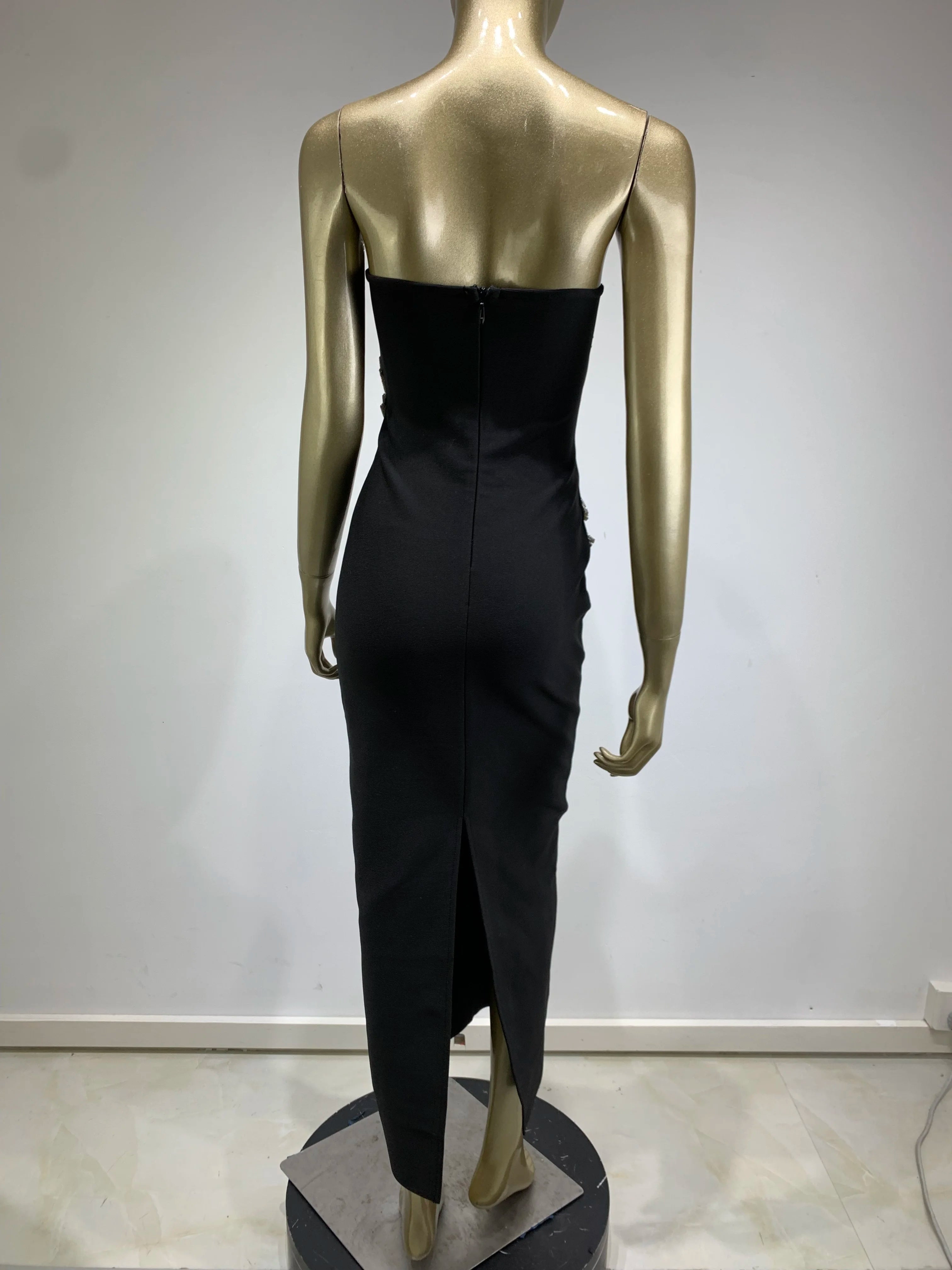 Elegant Black Strapless Maxi Dress with Diamonds for Parties - Image 6