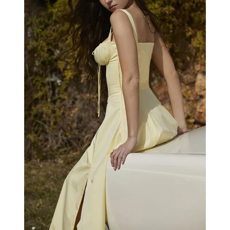 Elegant Summer Sling Dress with Pleated Hem and Slit - Image 30