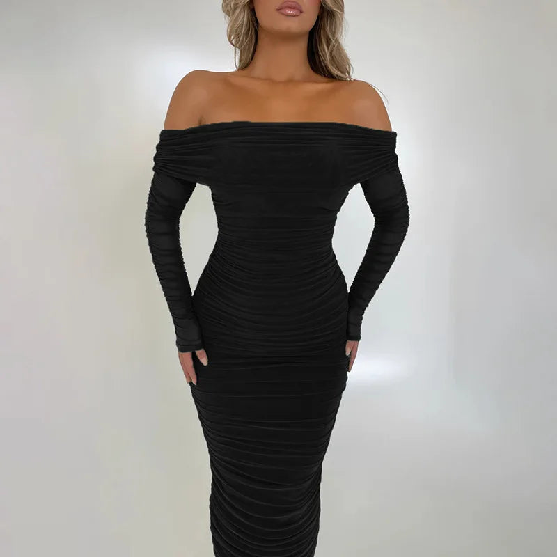 Off-Shoulder Long Sleeve Maxi Dress for Women - Sexy Bodycon - Image 25