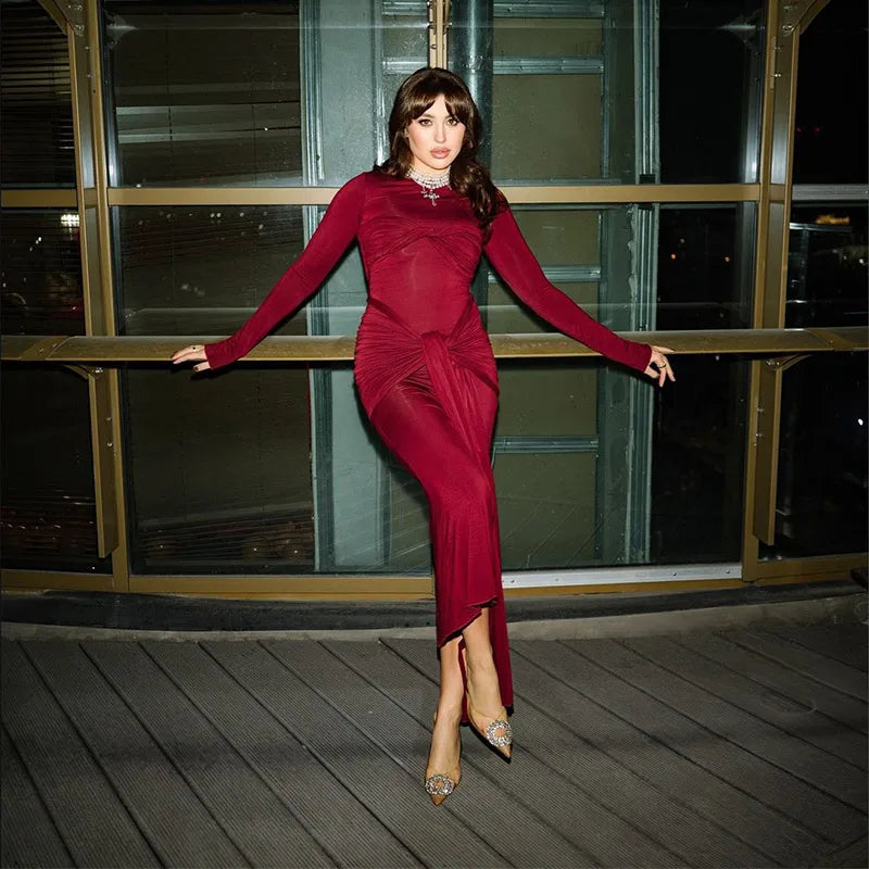 Retro Burgundy Slim Fishtail Maxi Dress for Women - Image 10