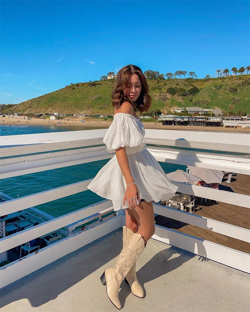 Elegant Off-Shoulder Puff Sleeve Summer Dress in Solid Colors - Image 14