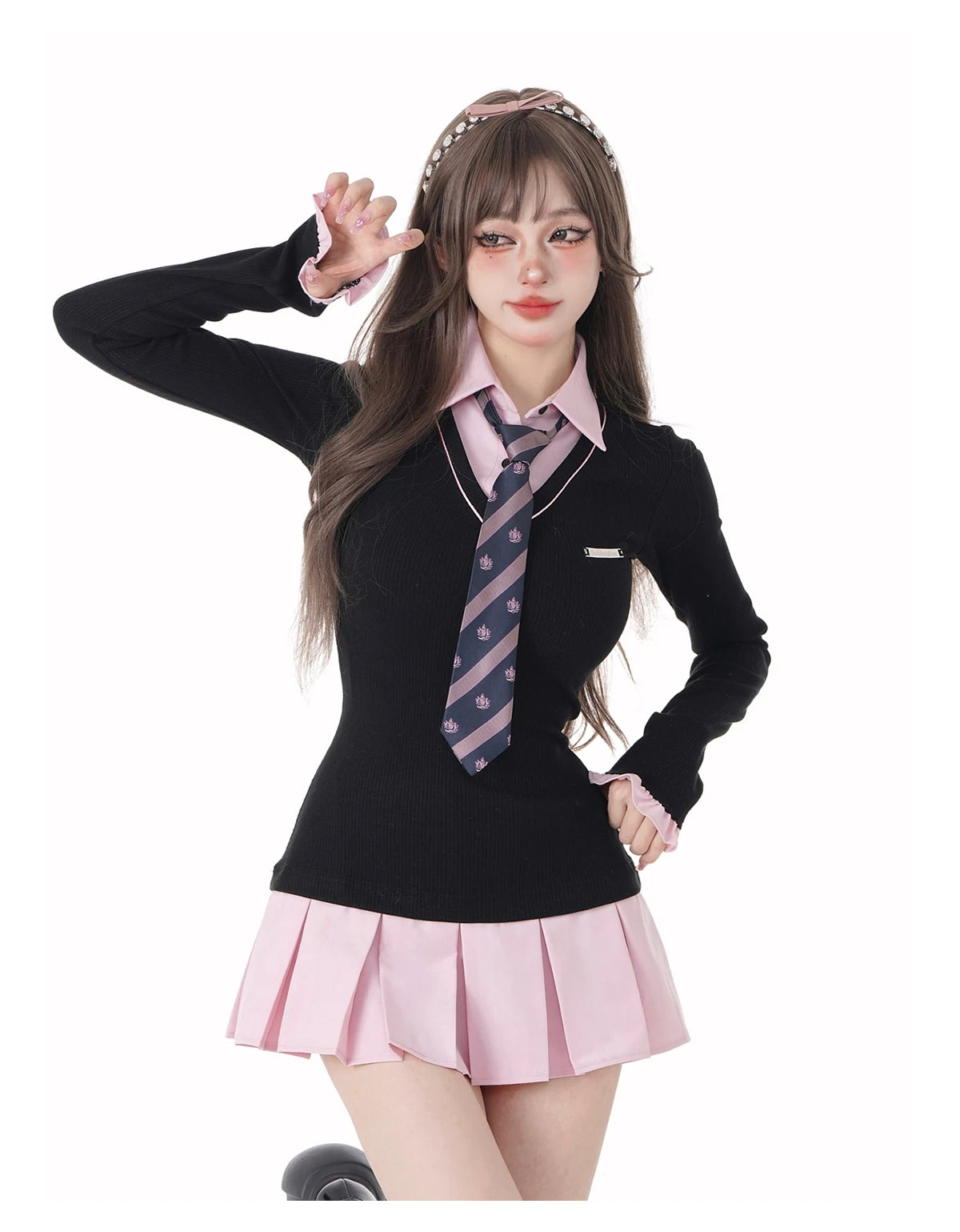 Mini Black Preppy Long Sleeve Tie Dress - Y2K Style - Image 12