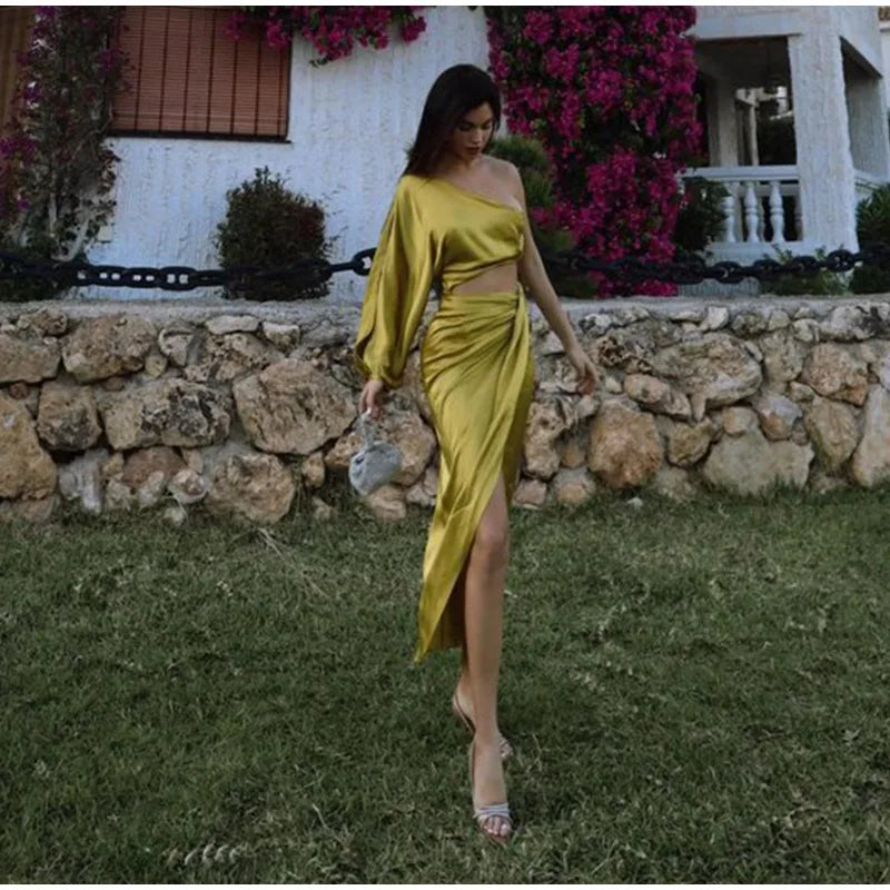 One Shoulder Asymmetrical Satin Long Dress for Women - Image 19