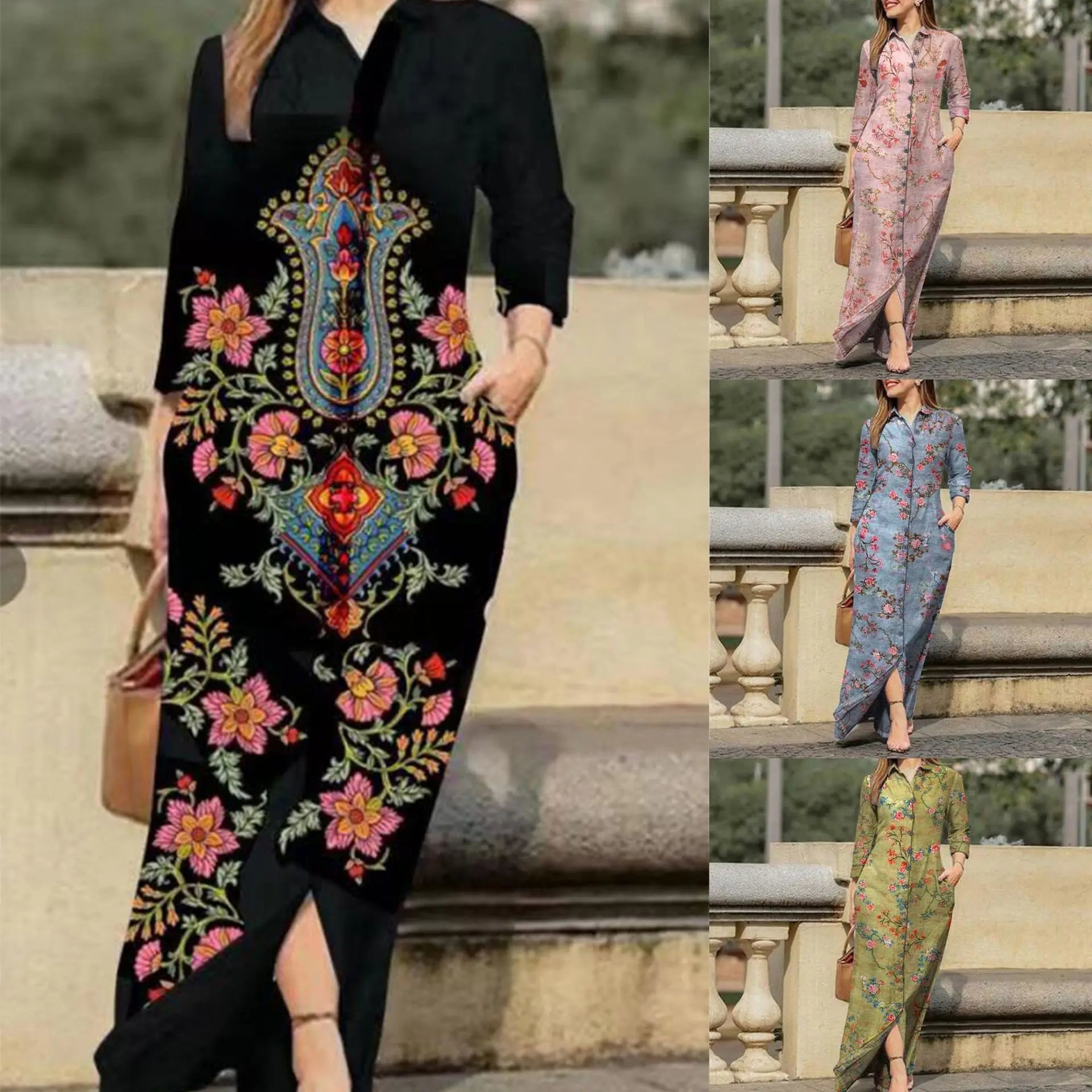 Vintage Floral Maxi Shirt Dress with Pockets - Autumn Style - Image 7