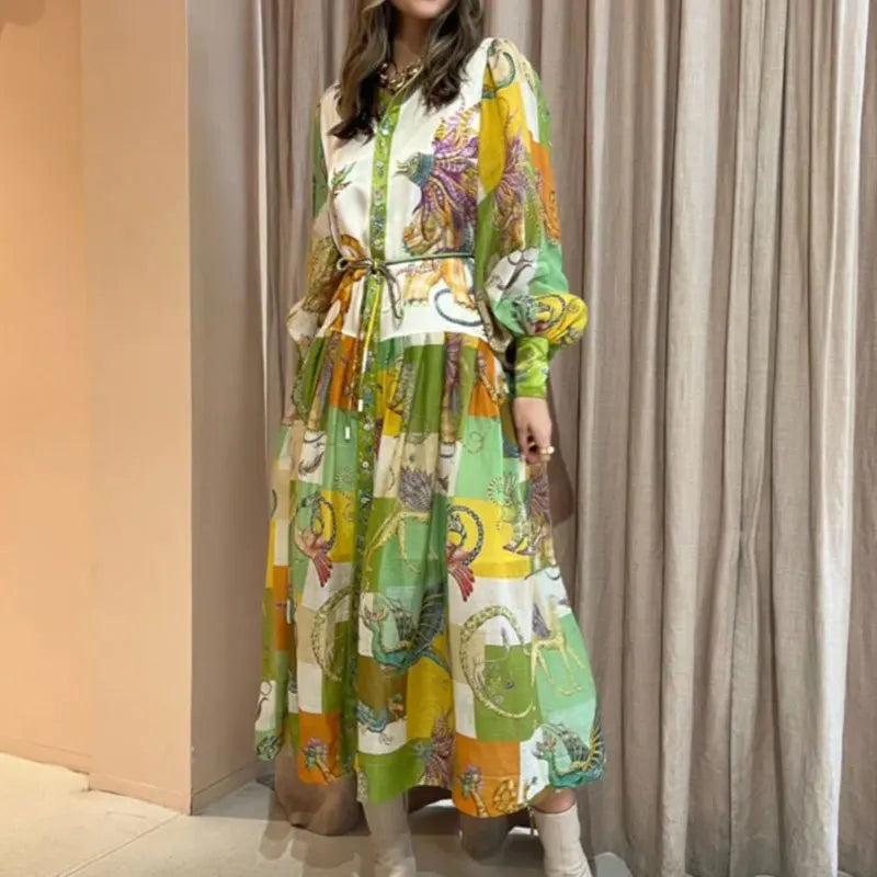 Elegant Women's V-Neck Lantern Sleeve Printed Dress - Image 26