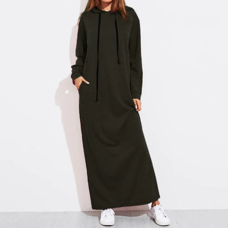 Elegant Black Long Sleeve Hooded Sweatshirt Dress for Women - Image 2