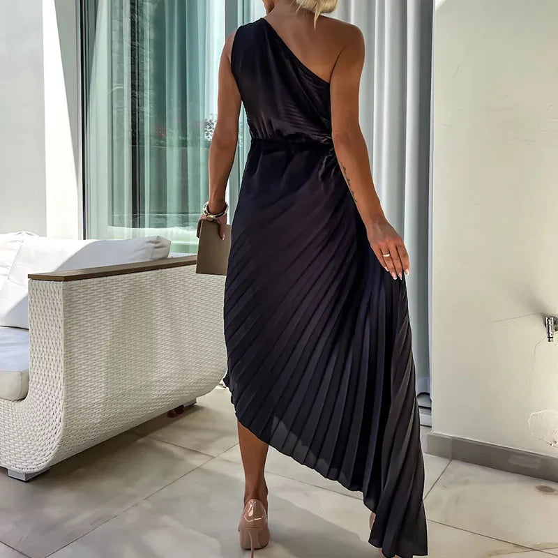 Asymmetrical Sleeveless Floral Pleated Evening Dress for Women - Image 5