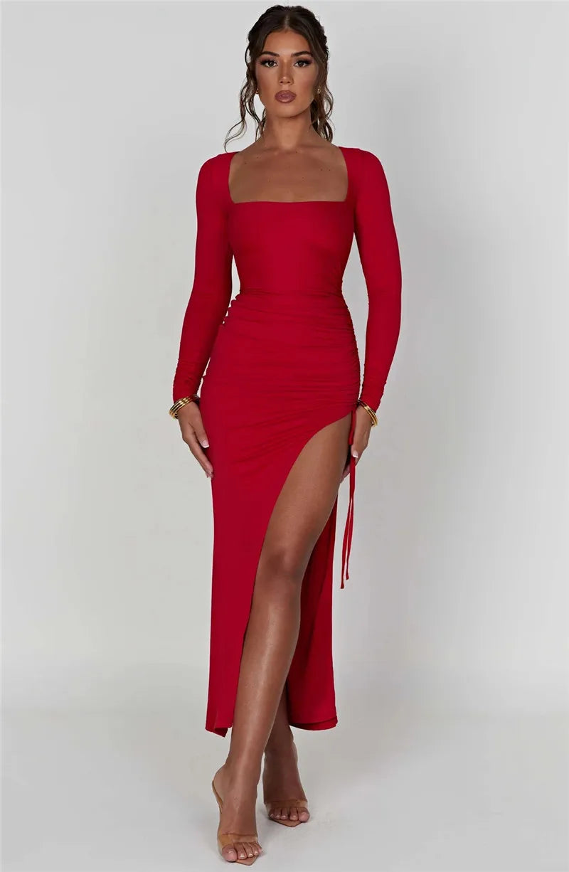 Elegant Long Sleeve High Split Maxi Dress for Women - Image 39