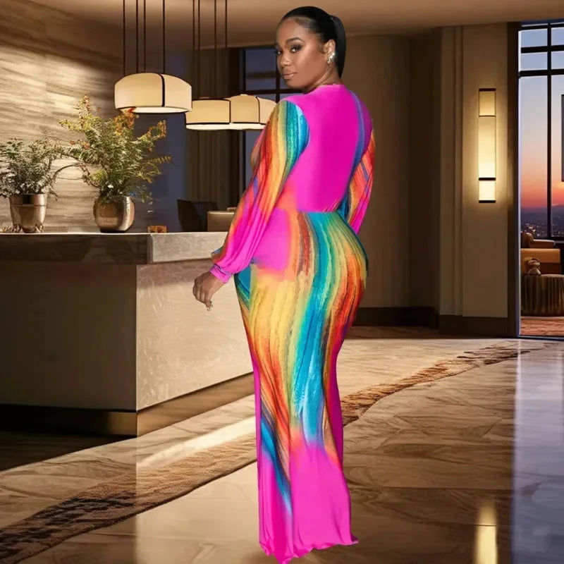 Chic V-Neck Long Sleeve Gradient Maxi Dress
