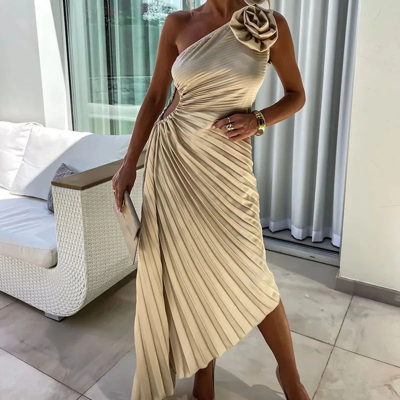 Asymmetrical Sleeveless Floral Pleated Evening Dress for Women - Image 7