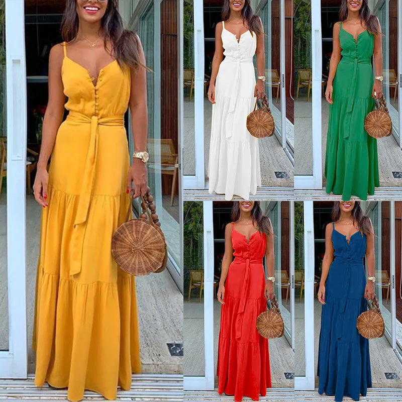 Women's Boho Spaghetti Strap Maxi Dress with Belt - Image 10