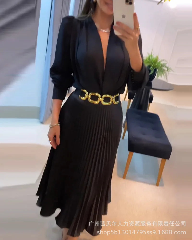 Elegant A-Line Mid-Length Pleated Dress with Lace Detail - Image 9