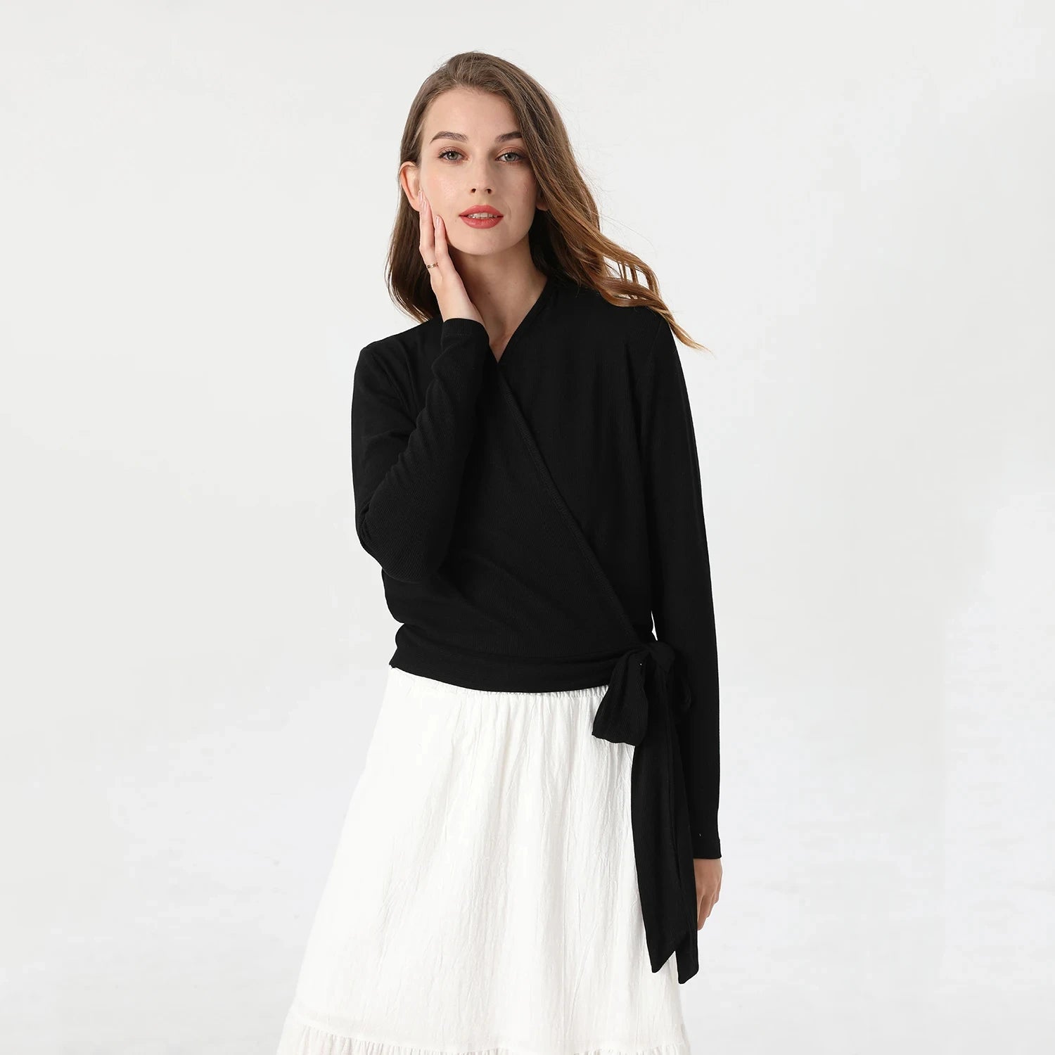 Casual Women's Ribbed Cotton Wrap Tee in 4 Colors - Image 19