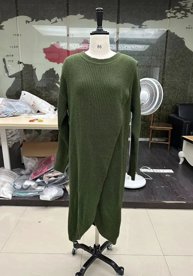 Women's Slim Fit Knitted Long Dress with Irregular Sleeves - Image 8