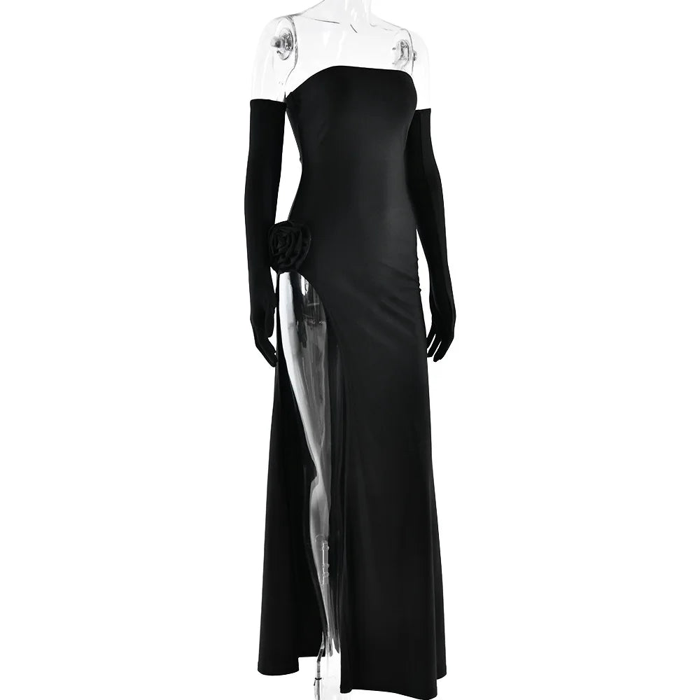 Elegant Strapless Maxi Dress with High Slit and Gloves - Image 26