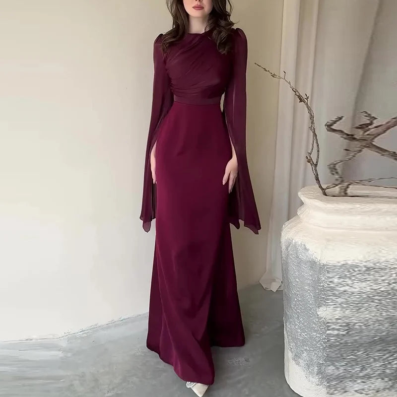 Elegant Satin Solid Robe Dress with Batwing Sleeves - Image 5