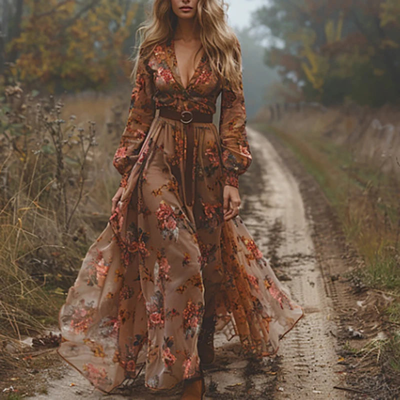 Bohemian High Waist V-Neck Pleated Long Sleeve Dress - Image 10