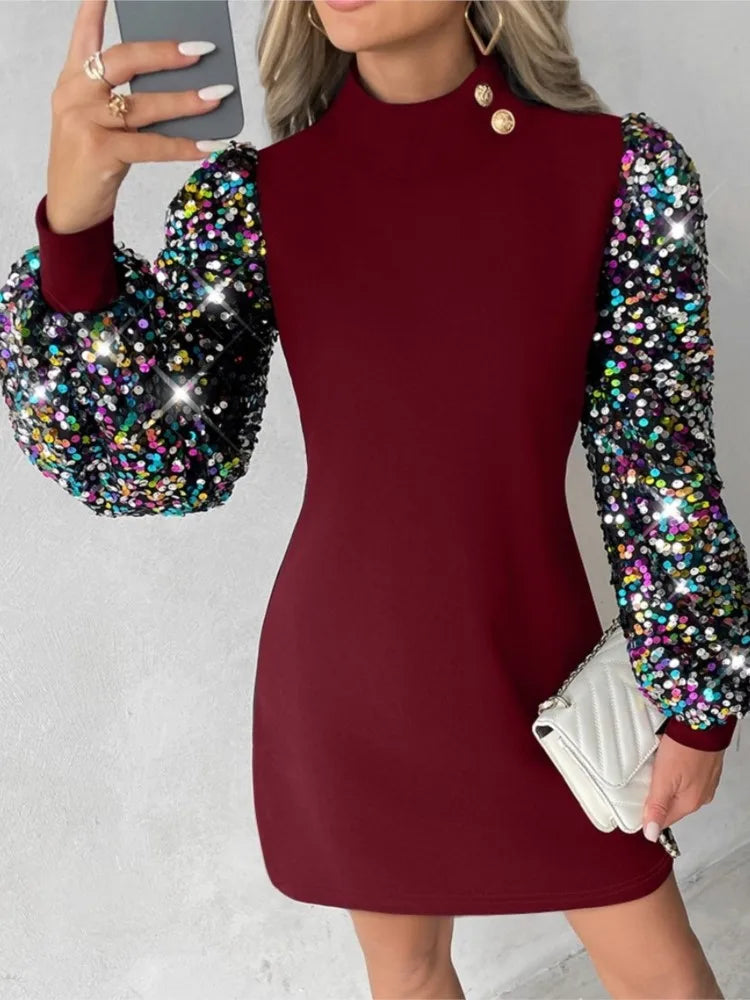 Lace Long Sleeve Round Neck Casual Office Dress - Image 6
