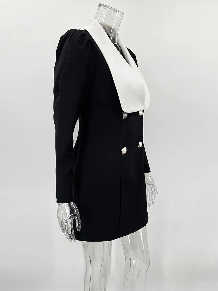 Elegant Contrast Color Double-Breasted Mini Dress for Office Wear - Image 12