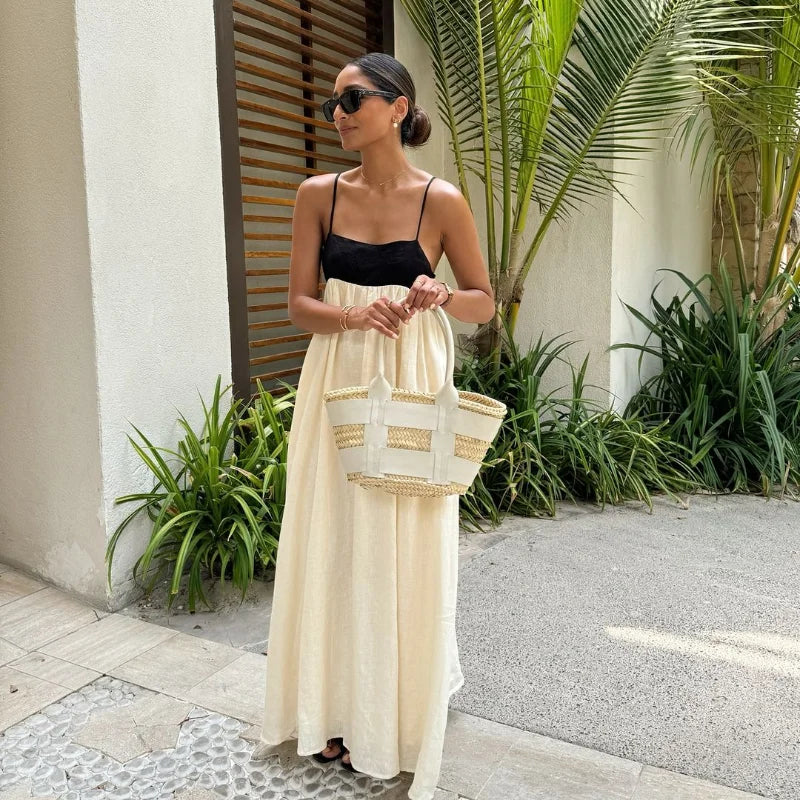 Contrasting Color Hollow Out Backless Maxi Dress for Women - Image 12