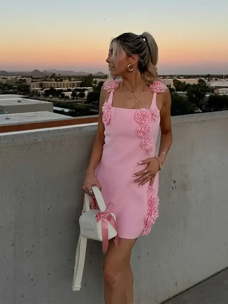 Chic High Waist Pink 3D Flower Mini Dress - Image 4