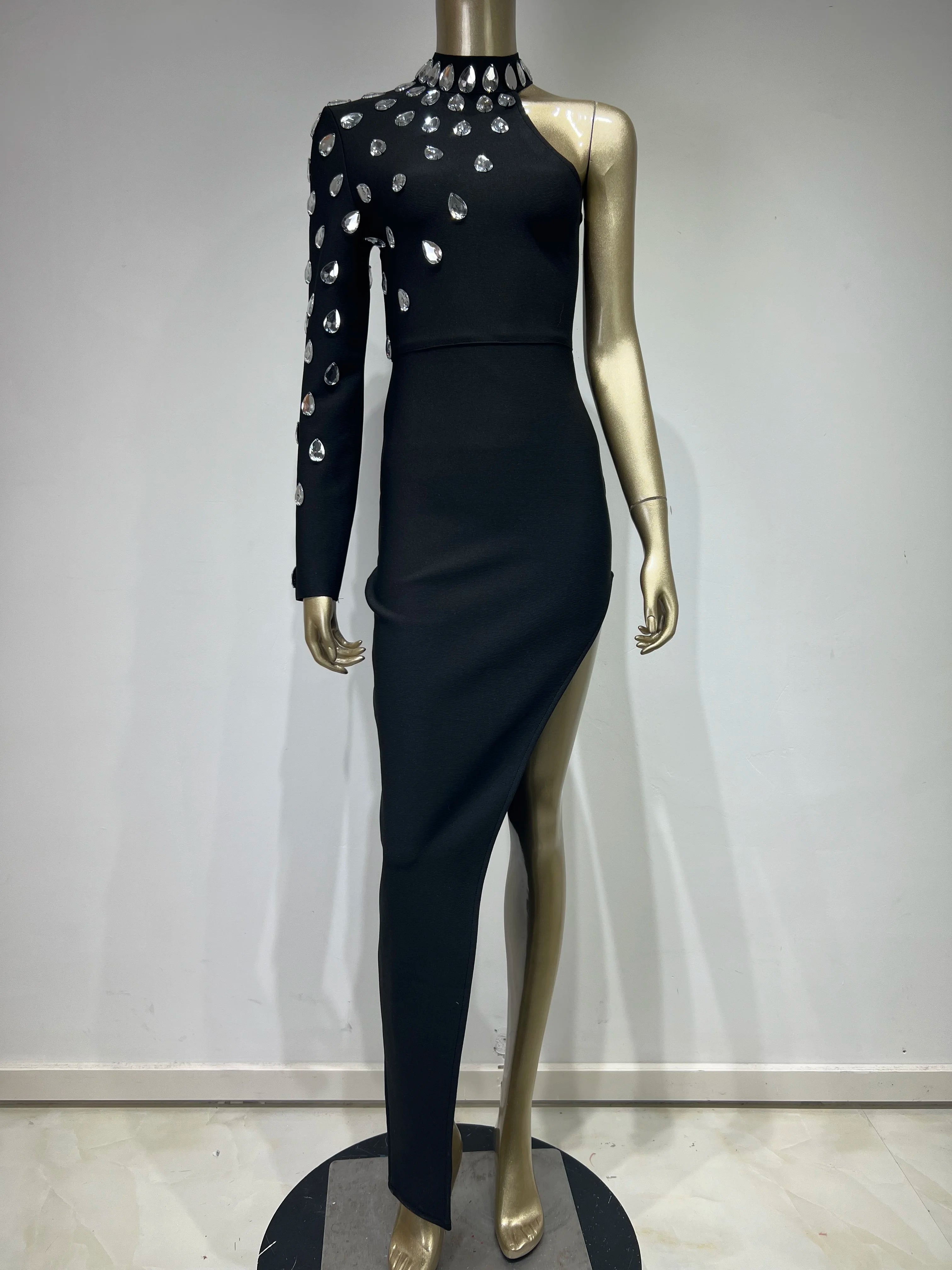 Elegant Rhinestone Black Maxi Bodycon Dress for Women - Image 9