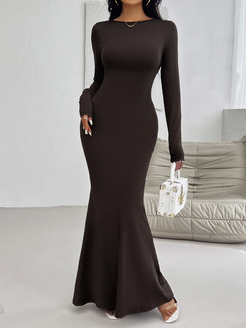 Solid Color Long Sleeve O-neck Women's Bodycon Dress - Image 20