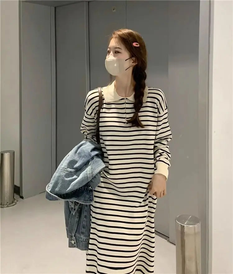 Women's Black Striped Polo Collar Midi Dress - Casual & Flattering - Image 26