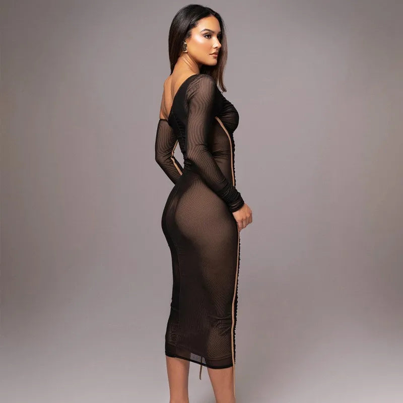 Sloping Neck Backless Midi Dress with Pleated Layers - Image 7