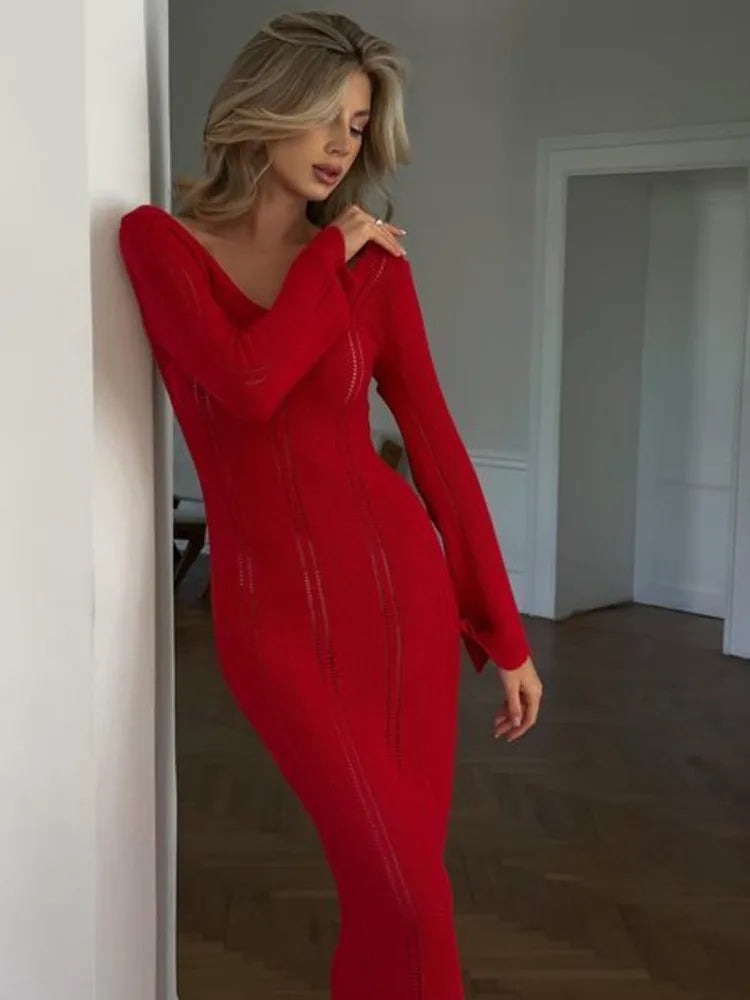 Elegant Knitted V-Neck Long Sleeve Dress for Women - Image 7