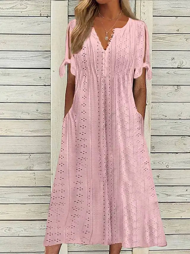 Summer Solid Color Women’s V Neck Lace Dress - Image 6