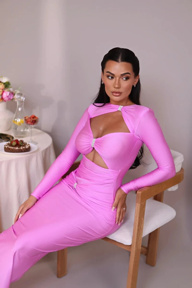 Elegant Hollow Out Long Sleeve Pleated Evening Dress - Image 42