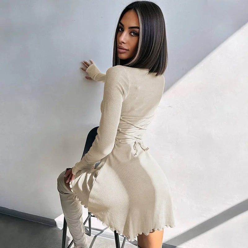 Chic High Waist A-Line Lace-Up Autumn Dress - Image 15