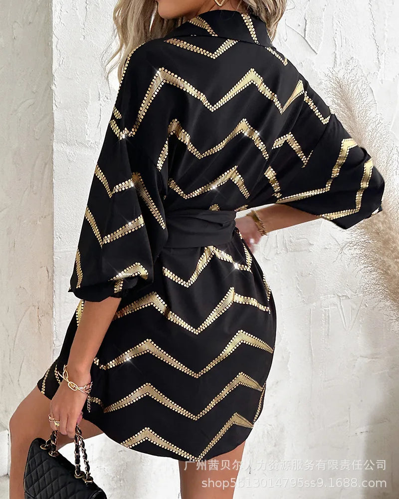 Women's Printed Long-Sleeved Mini Shirt Dress with Belt - Image 7