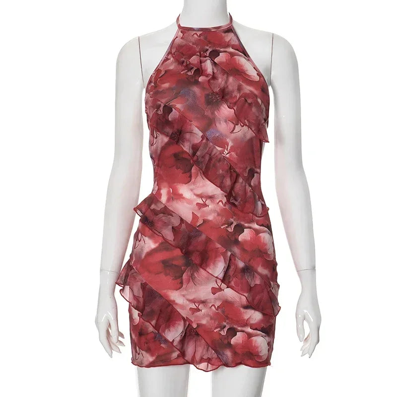 Floral Ruffle Mini Dress - Sexy Halter Backless Style - Image 5