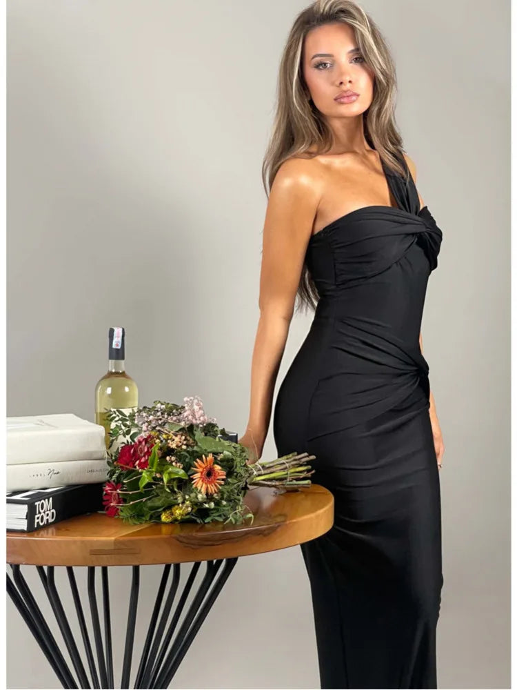 Elegant Sleeveless Single Strap Pleated Maxi Evening Dress - Image 6