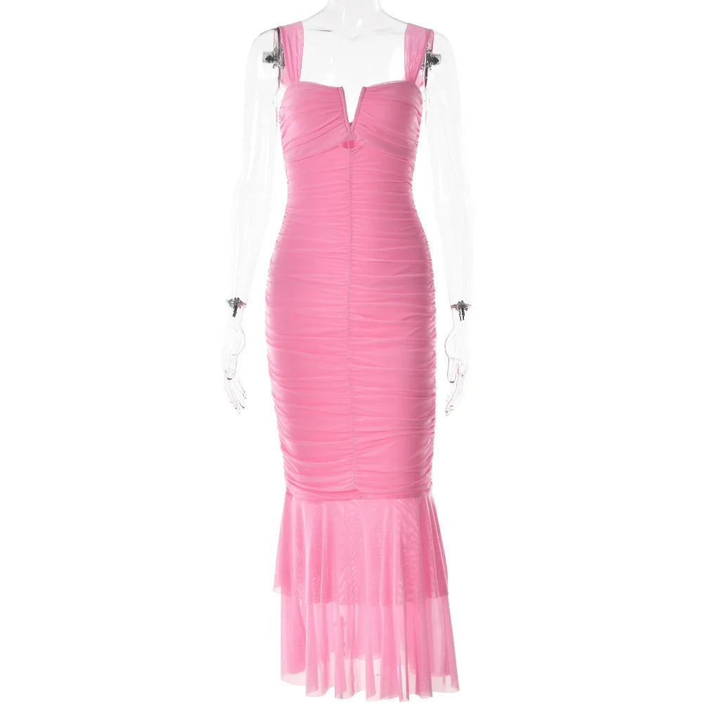 Elegant Spaghetti Strap Backless Ruched Maxi Dress for Women - Image 10