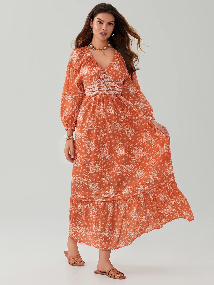 Bohemian Floral Print Flowy Beach Dress for Women