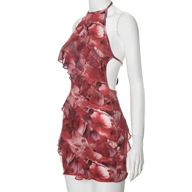 Floral Ruffle Mini Dress - Sexy Halter Backless Style - Image 6