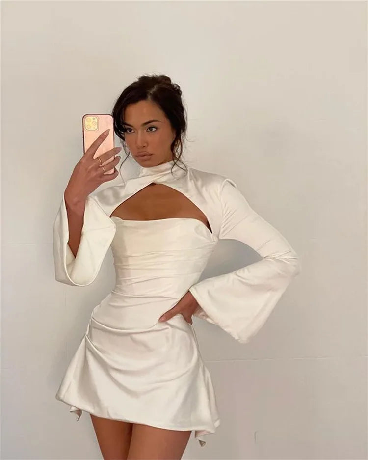 Elegant White Long Sleeve Satin Mini Dress for Women - Image 13