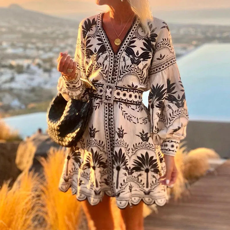 Elegant V-Neck Lantern Sleeve Dress for Autumn Events - Image 6
