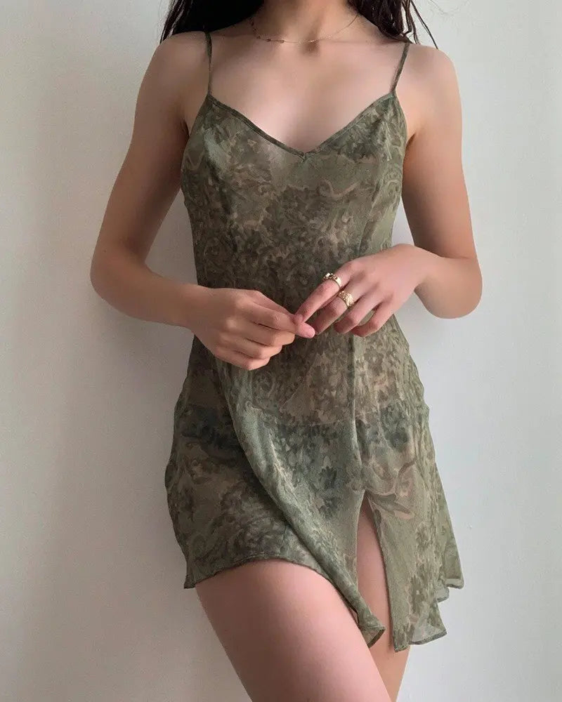 Abstract Plant Print V-Neck Sleeveless Slip Dress for Women - Image 3