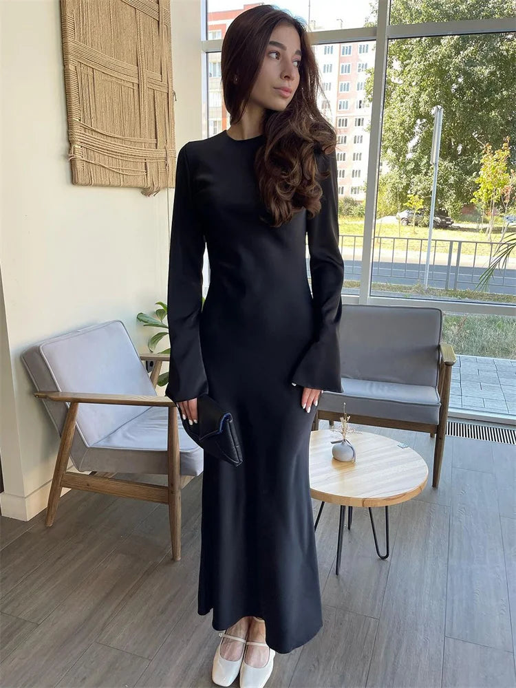 Elegant Long Sleeve Satin Maxi Dress for Women - Image 34