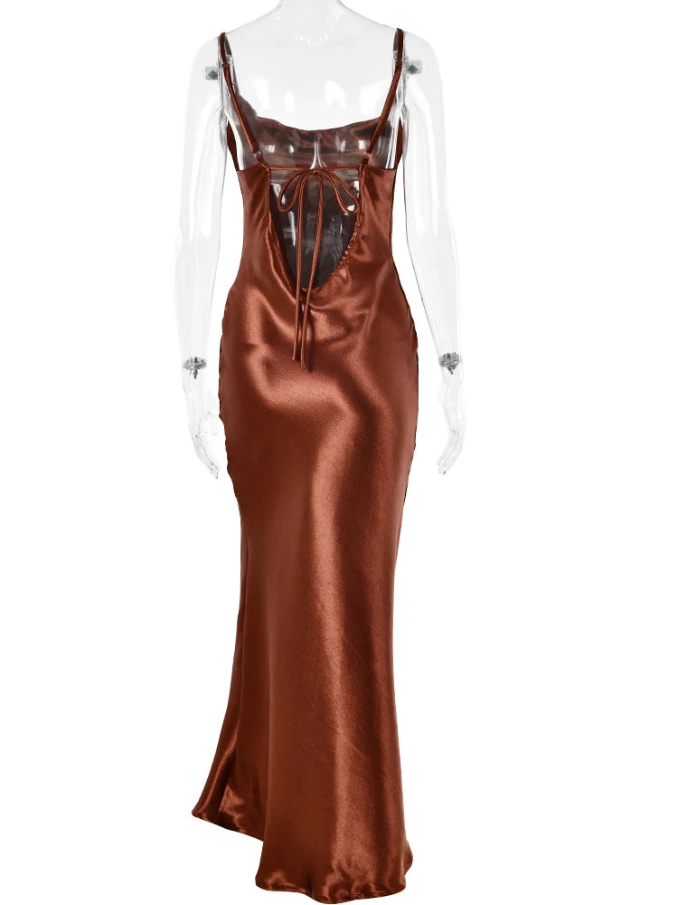 Elegant Backless Satin Maxi Dress with Lace-Up Detail - Image 34