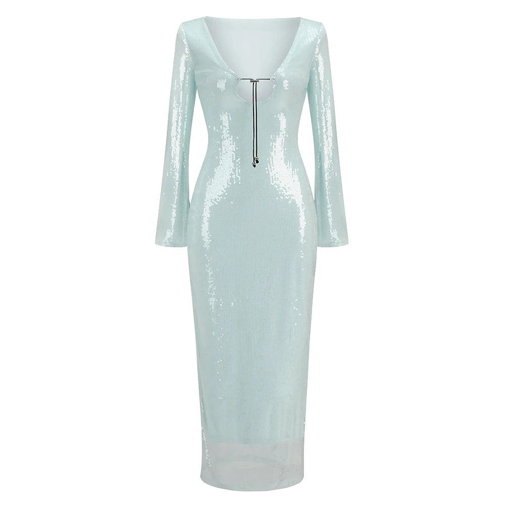 Elegant V-Neck Sequin Split Flare Maxi Dress for Women - Image 18