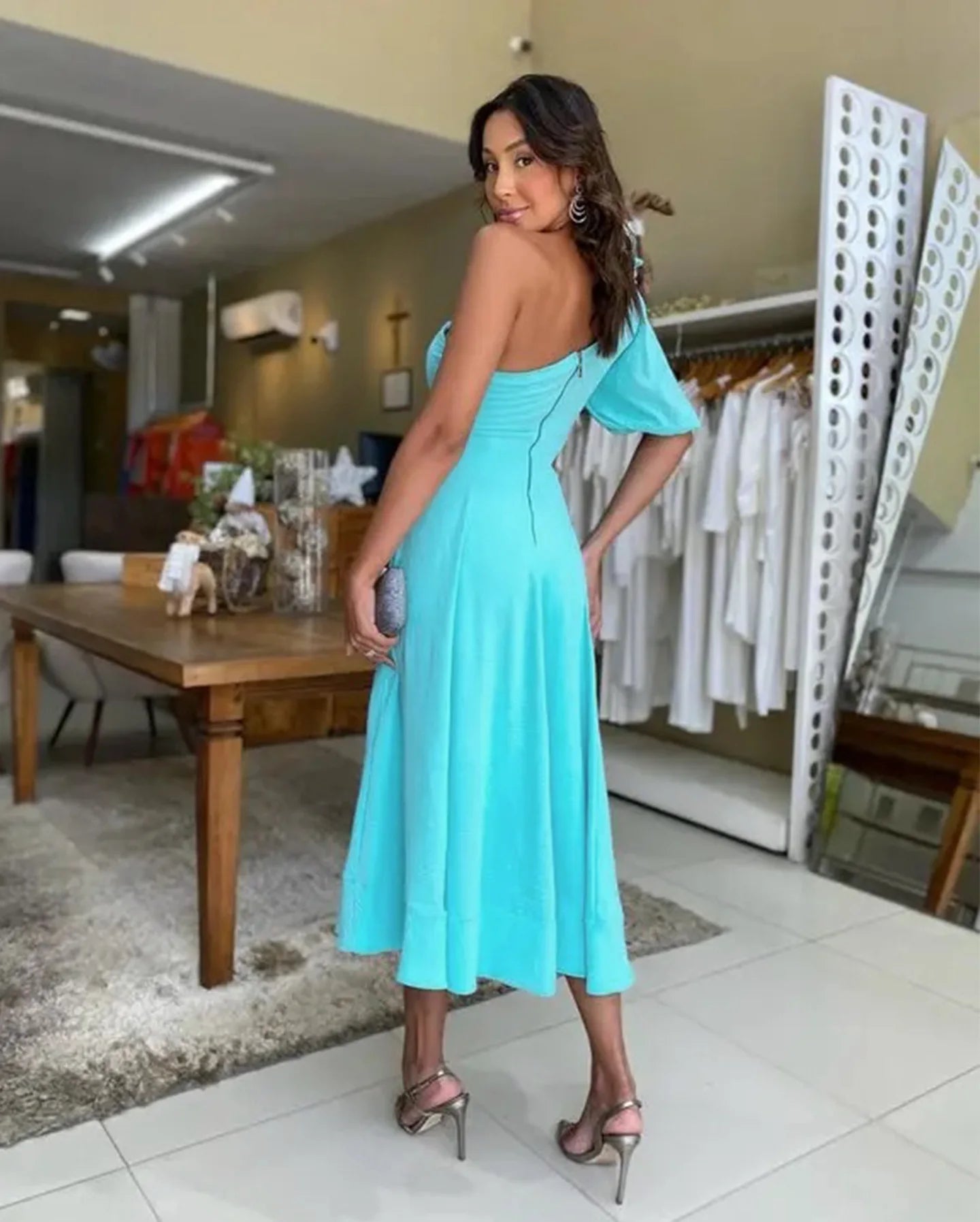 Elegant Floral Applique Women’s Maxi Dress with Asymmetrical Sleeve - Image 16