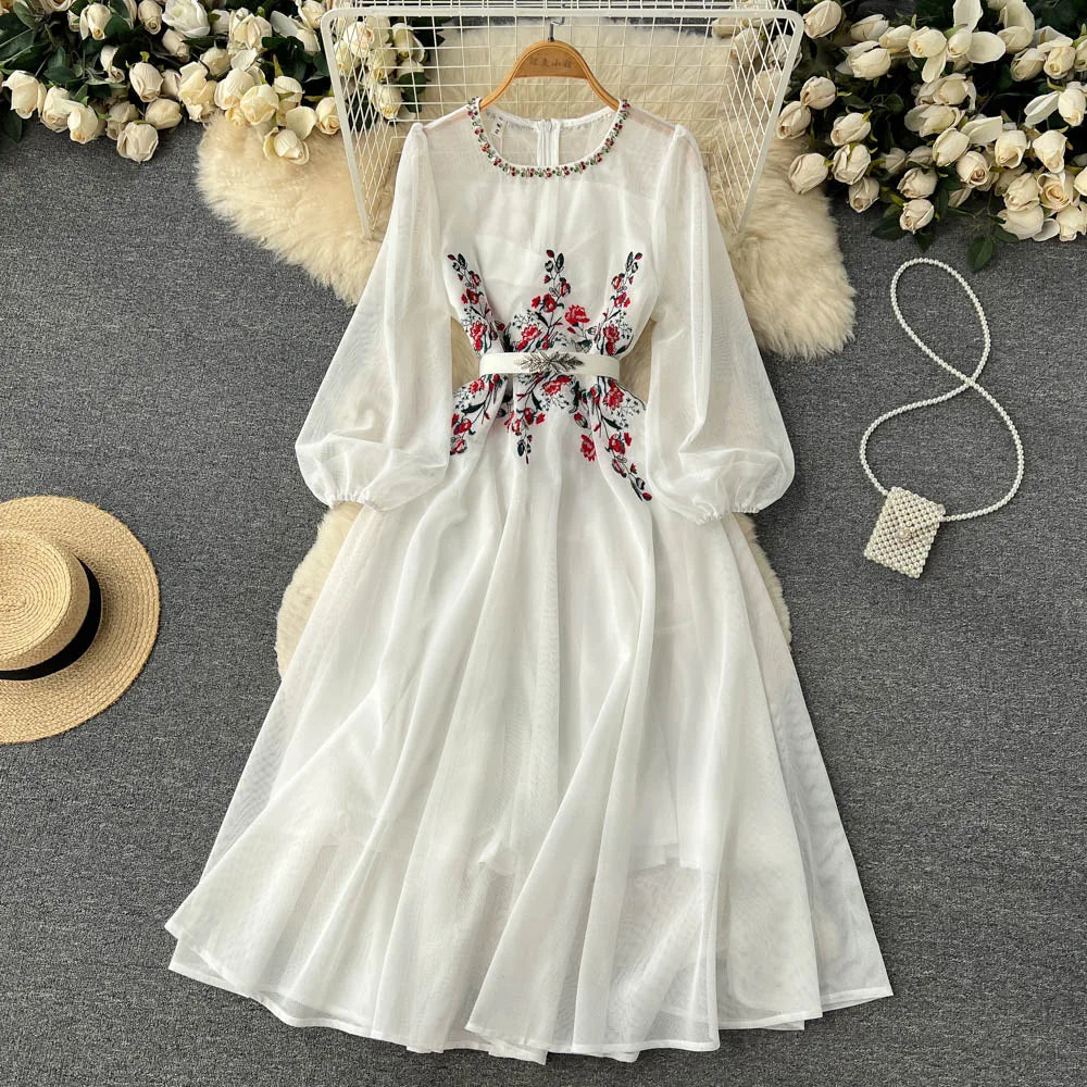 Elegant Beaded Mesh Long Dress with Puff Sleeves - Image 8