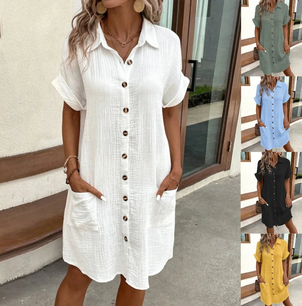Casual Loose Short Sleeve Button-Up Dress with Pockets - Image 11