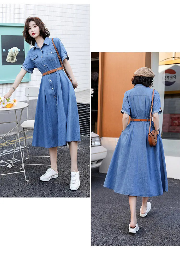 Vintage A-Line Denim Dress for Women with Belt - Image 15