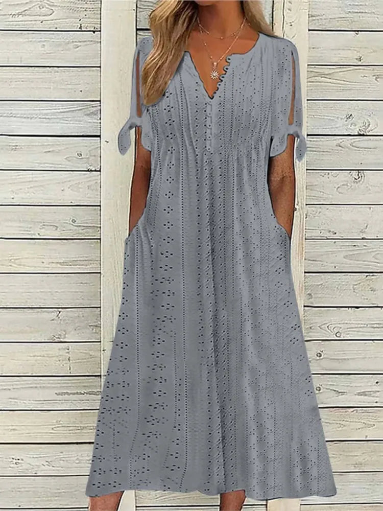 Summer Solid Color Women’s V Neck Lace Dress - Image 12